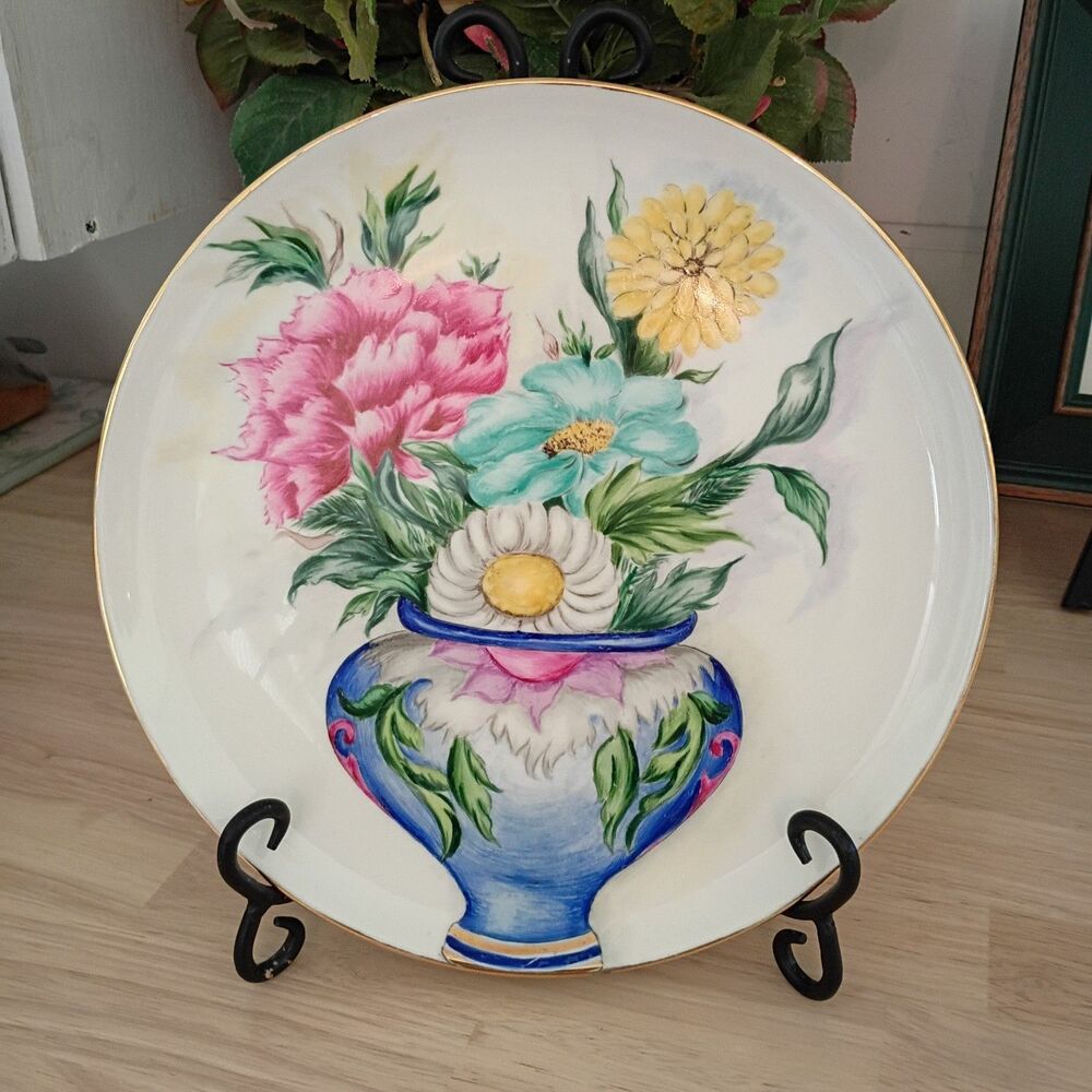 Liliana Signed Hand-Painted 11" Floral Plate Gold Trim Decoration Beautiful